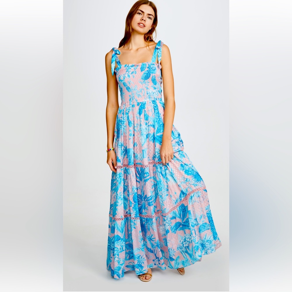 Hemant & Nandita “Long Dress” maxi, pink and blue floral print, tie straps NWT